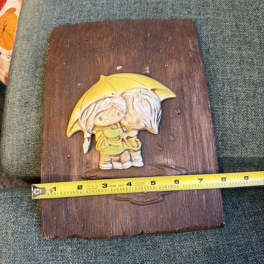Vintage Handmade Friendship Wall Plaque Boy & Girl Under Yellow Umbrella